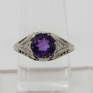 18k Solid White Gold 1930's Orange Blossom Amethyst Round Art Deco Ring Size 6.5